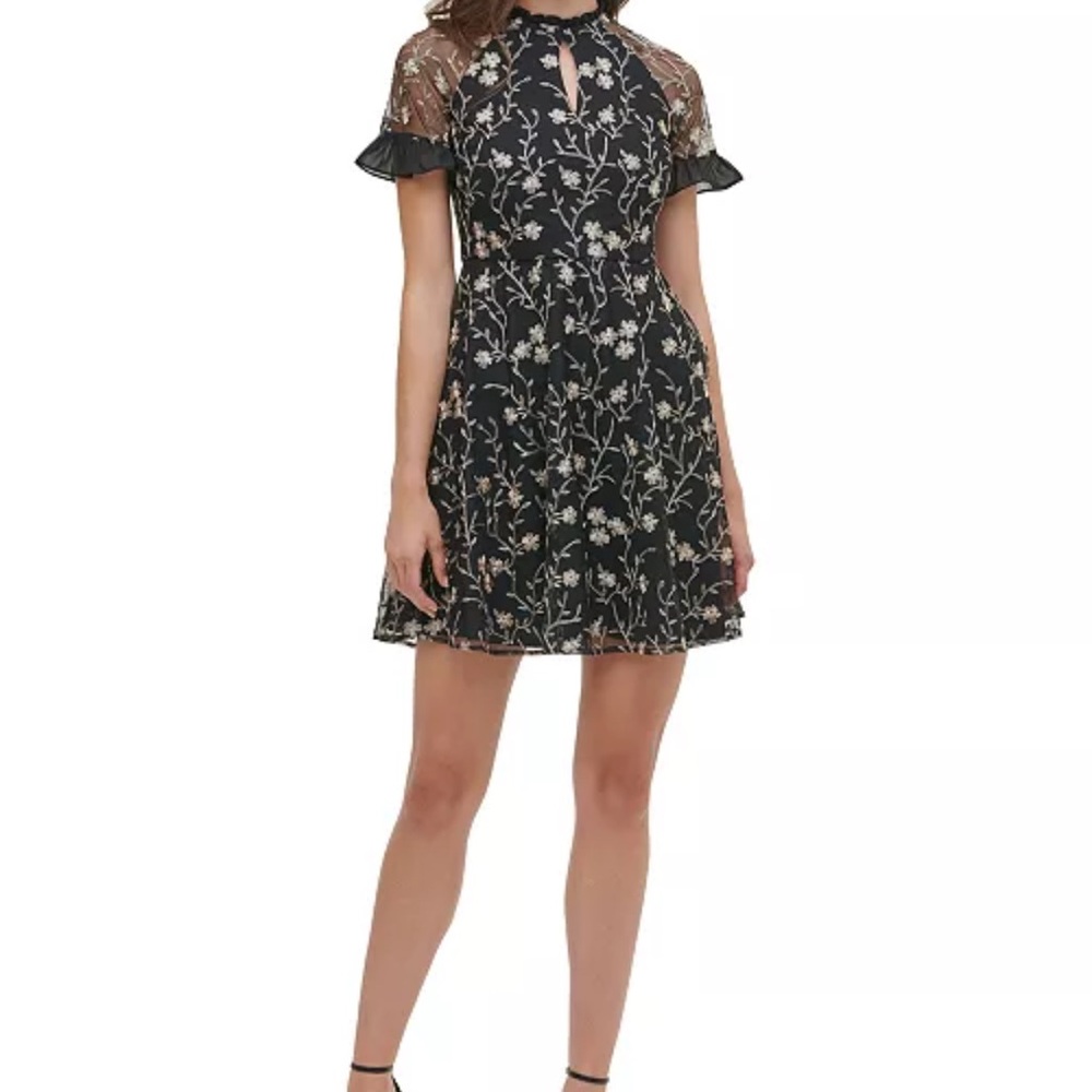 Kensie Black & Pewter Floral Embroidered Mini Dress